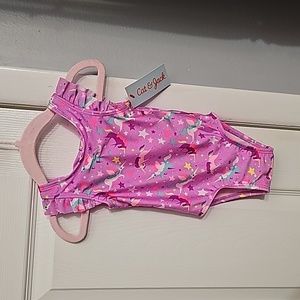 NWT 12M Cat & Jack purple swimsuit with unicorns and stars.